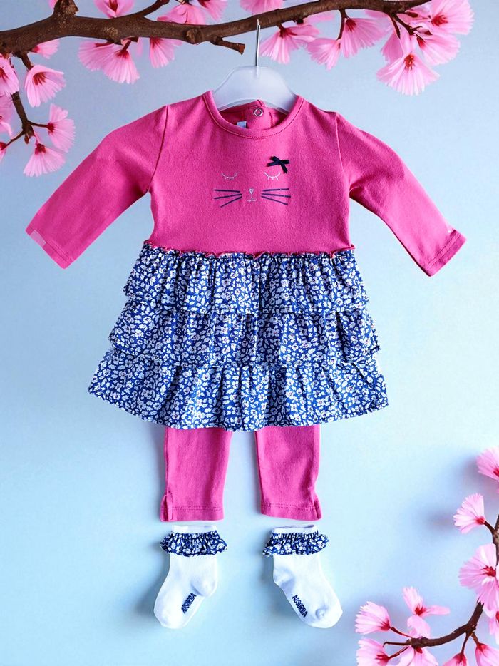ABSORBA - NEW - ENSEMBLE 5P BÉBÉ FILLE MOTIF LIBERTY, VOLANTS & TÊTE DE CHAT 3M - photo numéro 4