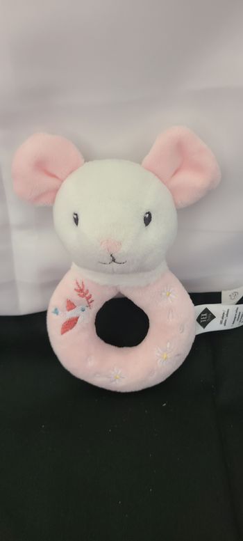 Doudou hochet souris rose tex baby