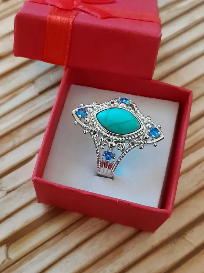 Bague argentée, Pierre turquoise, style Bohème strass, Taille 60 - photo numéro 2