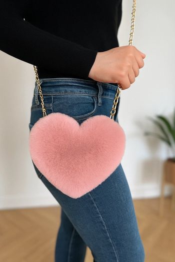 Sac coeur rose fausse fourrure