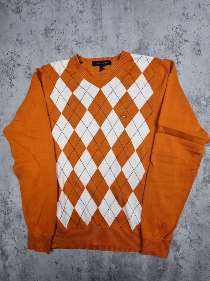 Pull col V Tommy Hilfiger orange à losanges – Taille M Homme - photo numéro 3