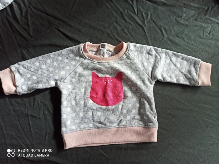Pull gris et rose chat