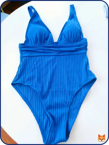 Maillot de bain une pièce bleu côtelé push-up – Dos nu ajustable