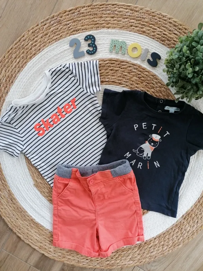 Ensemble short orange + deux tee-shirts - 24 mois