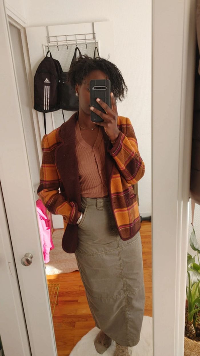 Veste en laine vintage oversize carreaux orange brun marron - photo numéro 4