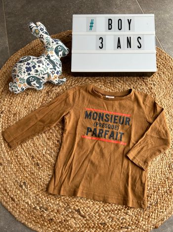 #3ansgarçonhiverEmy09

Teeshirt manches longues Mr (presque) Parfait. 
Comme neuf. 3 ans. Tape à l’œil