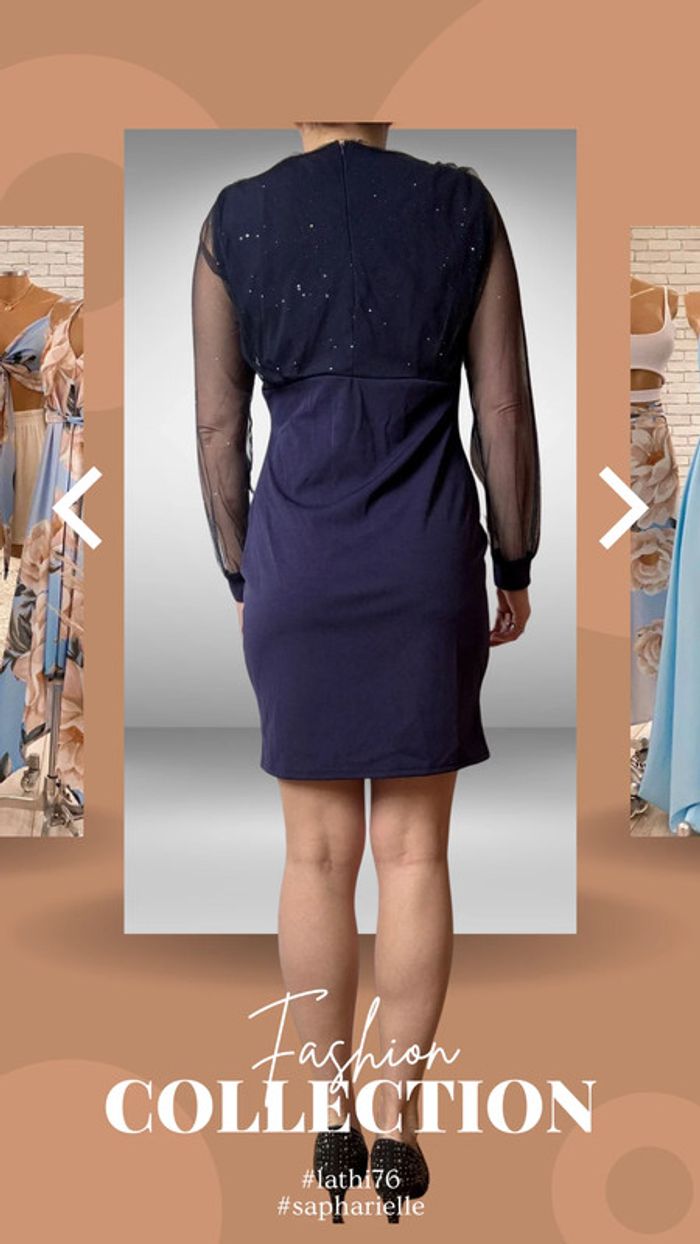 Robe de soirée bleu nuit en voile avec manches transparentes - photo numéro 4