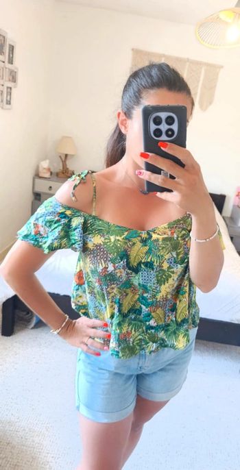 Top haut épaules dénudées Mango Casual M vert jaune tropical