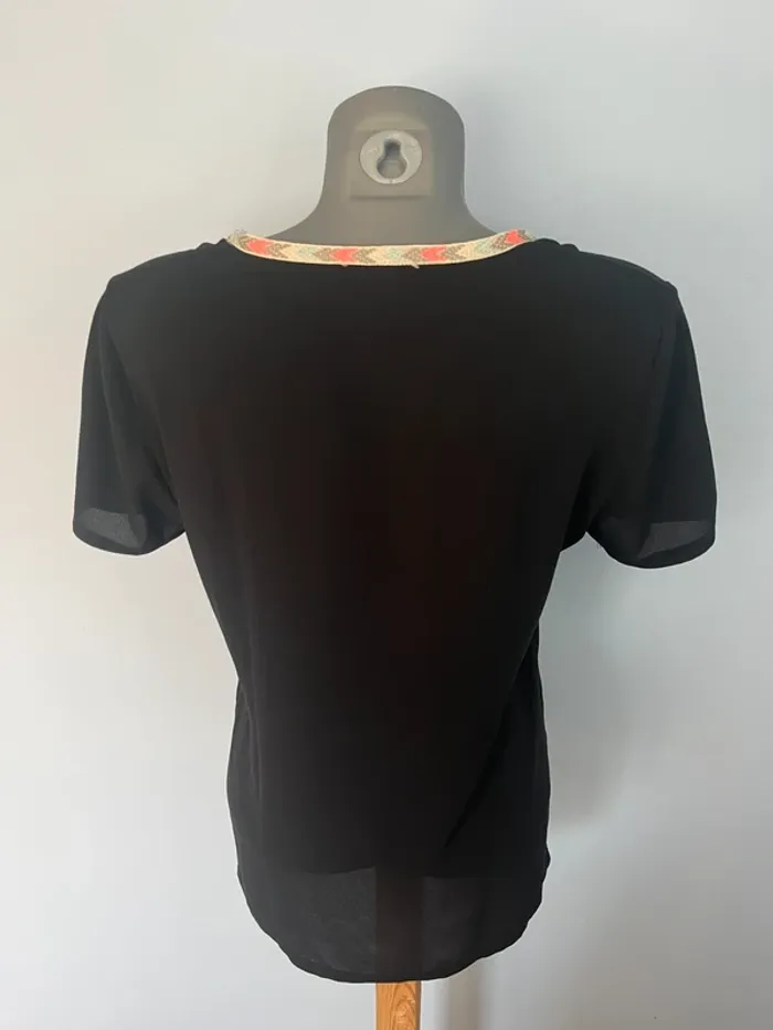 T-shirt manches courtes noir Sweed Paris taille 2 – transparent partiel, bandeau coloré & poche cœur - photo numéro 4