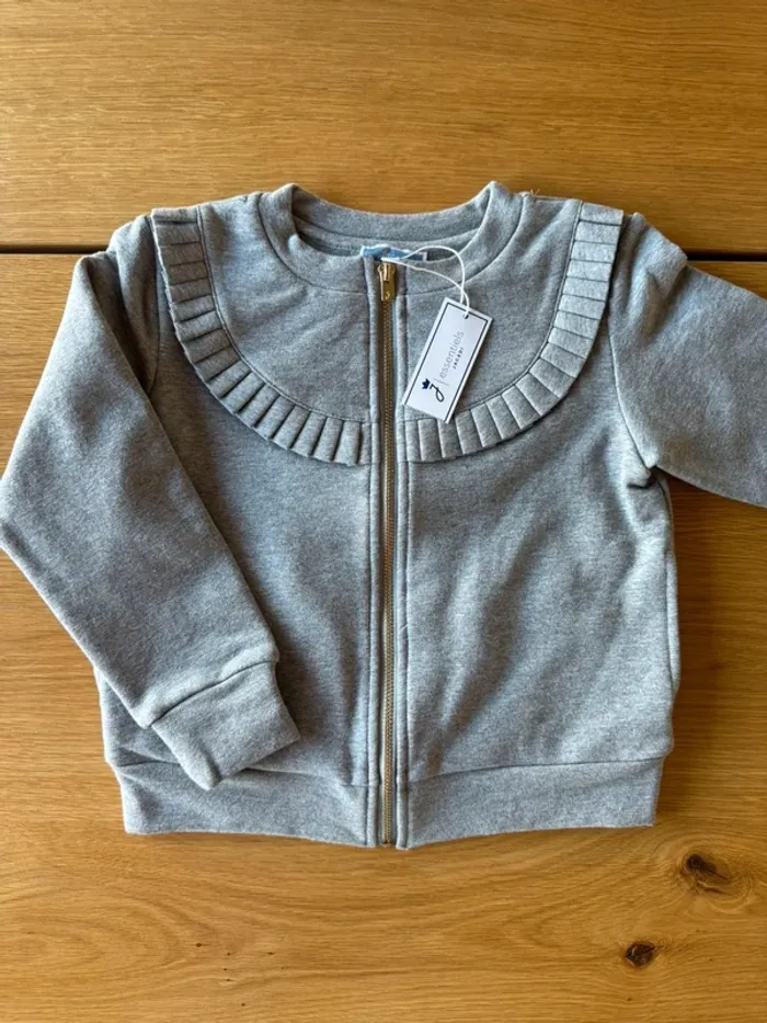 Veste/Cardigan zippée ML gris chiné, rebord plissé NEUVE - Taille 4 Ans - photo numéro 2