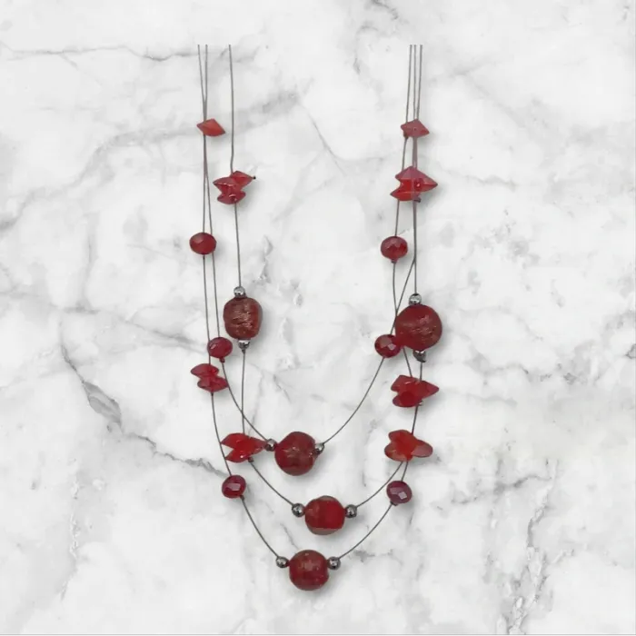 Collier réglable fil argenté-Perle rouge &bille de verre -neuf - photo numéro 3