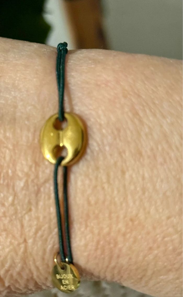 Bracelet cordon noir réglable grain de café acier inoxydable or