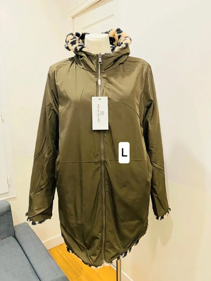 Manteau parka femme imperméable réversible fourré kaki/léopard taille L - photo numéro 6