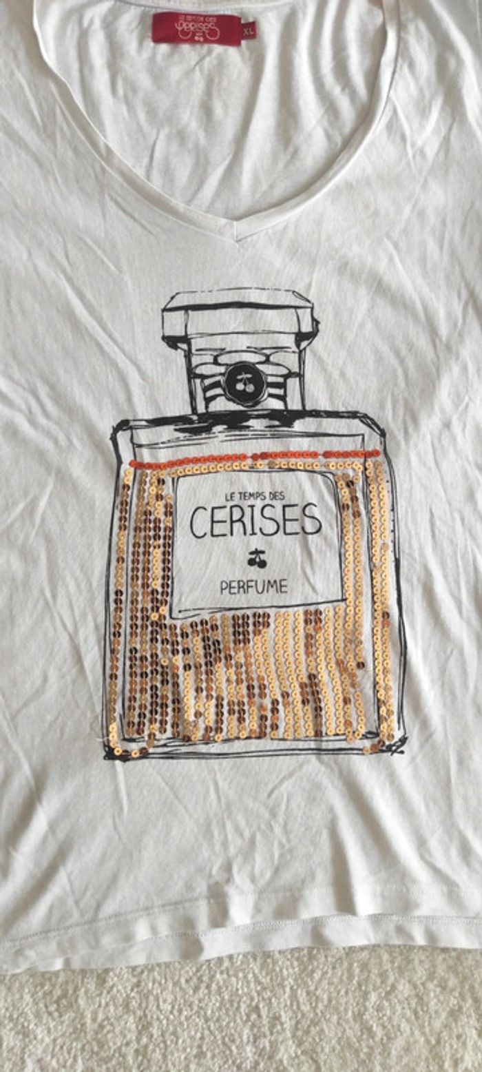 T-shirt blanc motif flacon de parfum Le temps des cerises strass doré 100% coton - photo numéro 5
