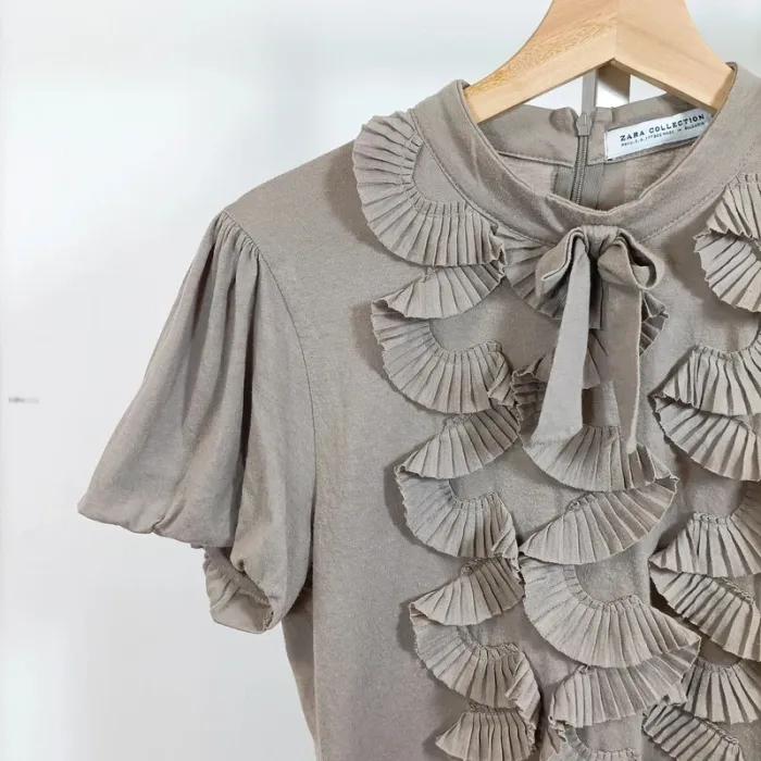 T-shirt taupe col plissé nœud froufrous Zara Collection – taille L A1006 - photo numéro 2