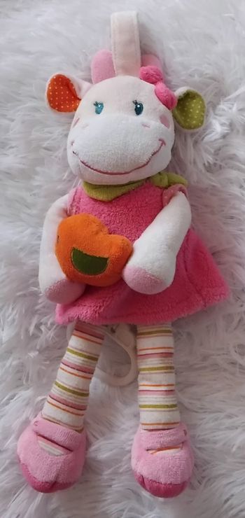 Doudou peluche vache musical - rose rose, oiseau orange- Nicotoy