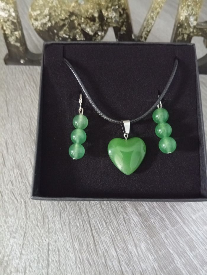 Joli ensemble collier boucles d'oreilles en pierre naturelle Aventurine verte foncé - photo numéro 2