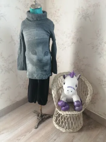 Pull tunique gris avec col montant et imprimé tête de chat / fpc / (8ans)