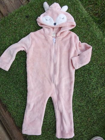 Sur Pyjama, pilou- Pilou polaire, costume bébé fille 9,12 mois, sans pieds, capuche, motif renard, rose perle, blanc, hiver
