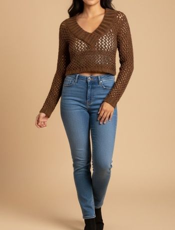 Pull court crochet marron – Taille S – Style bohème