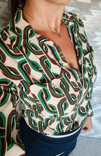 Blouse chemisier Mango XS beige vert motifs 70's vintage manches longues légères
