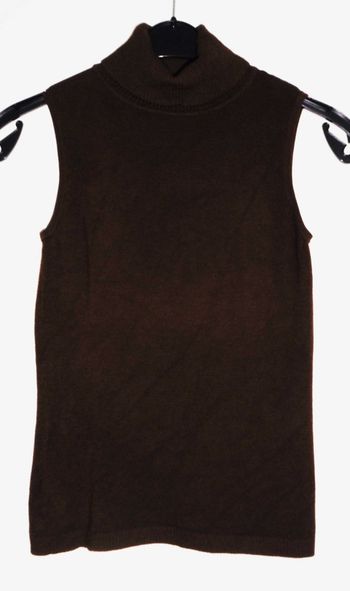 Pull marron sans manche. Col roule. Viscose. Polyamide. Elasthanne. Taille 36