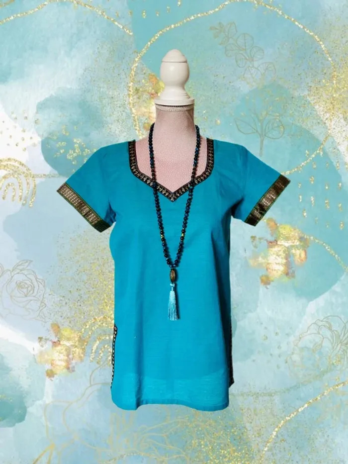 🩵🦋Blouse artisanale T.36 indienne bohème chic ethnique Bohemian Pondicherry cotton blouse🦋🩵 - photo numéro 3