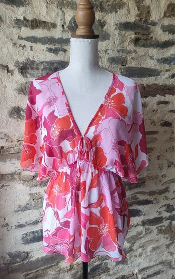Tunique de plage à fleurs hawaïennes rose fushia et blanc Yessica Taille 36 38