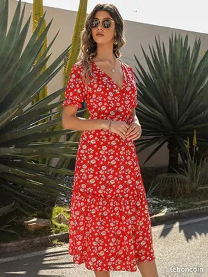 Robe Maxi Portefeuille Fleurie à Volants - Rouge / XXL - Princesse Fleurie - photo numéro 3