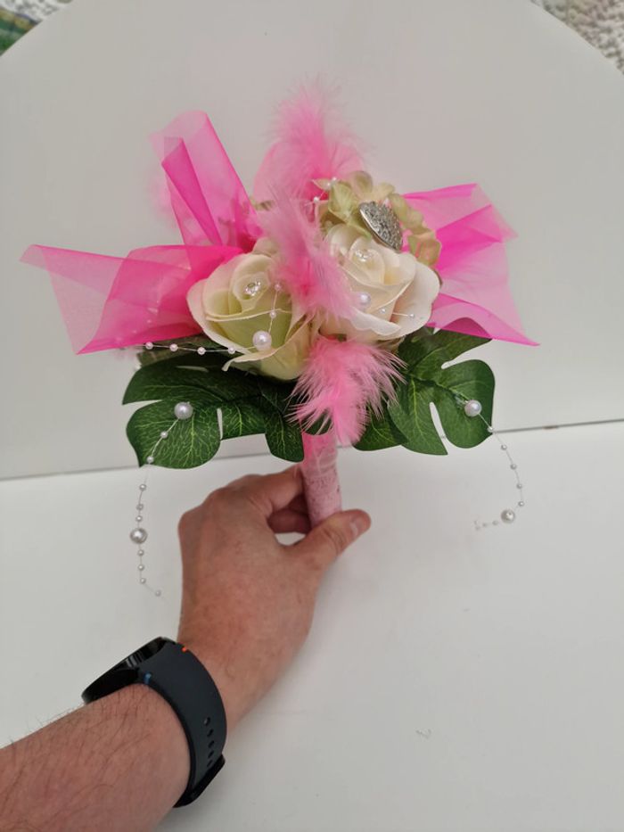 Bouquet De Mariée Roses Tulle Perles Plumes Dentelle - photo numéro 18