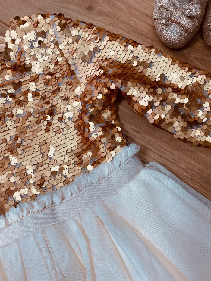 Taille 5-6 ans robe longue créateur fille TAO crème et bronze * sequins et tulle * 💐 - photo numéro 5