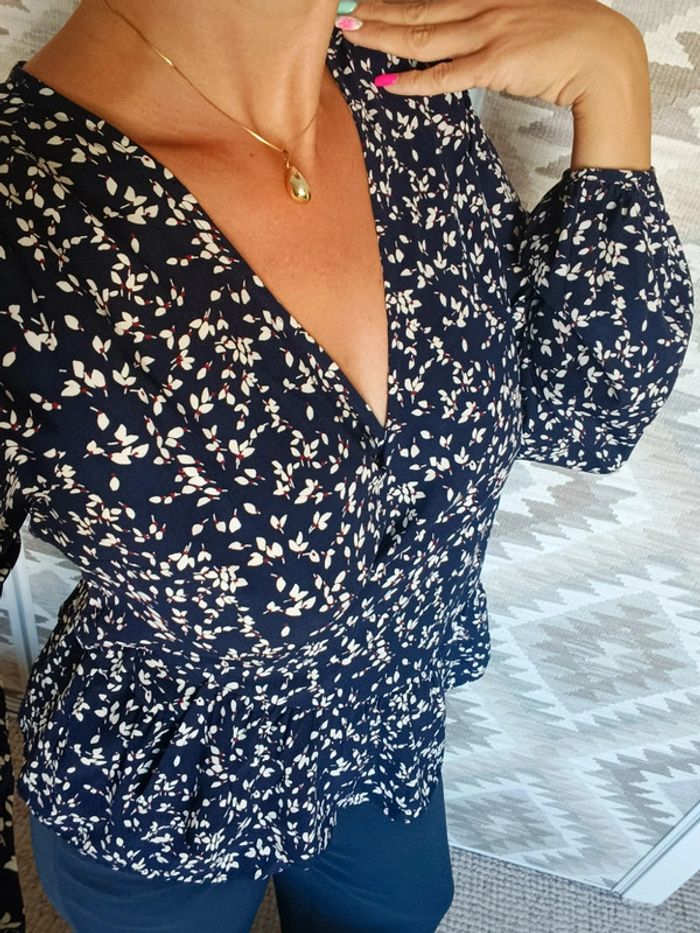 Blouse haut top cache coeur Comptoir des cotonniers 38 bleu marine et blanc ceinture assortie