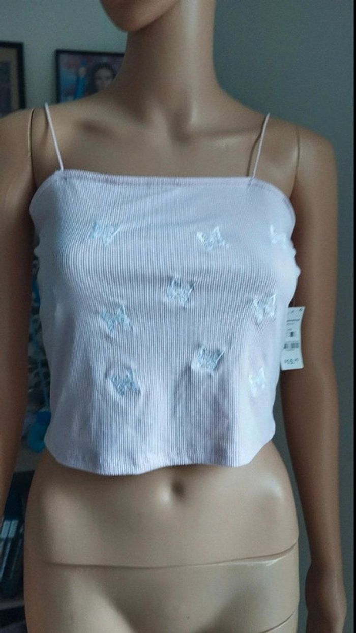 Débardeur top rose clair avec papillons blanc taille l femme