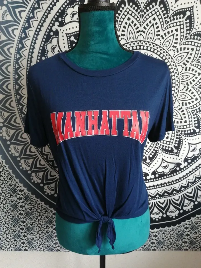 Tee-shirt bleu marine à message manhattan avec lien à nouer / dived / H&M / (M) - photo numéro 2