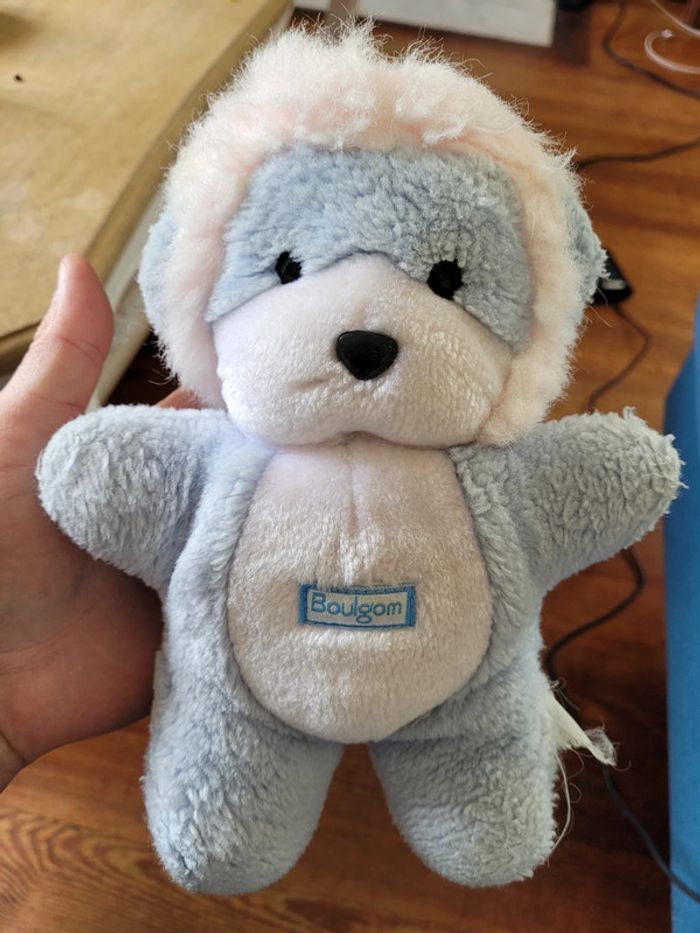 RARE Peluche Lion Boulgom 24cm Pouet (qui fonctionne) bleu blanc Made in France crinière