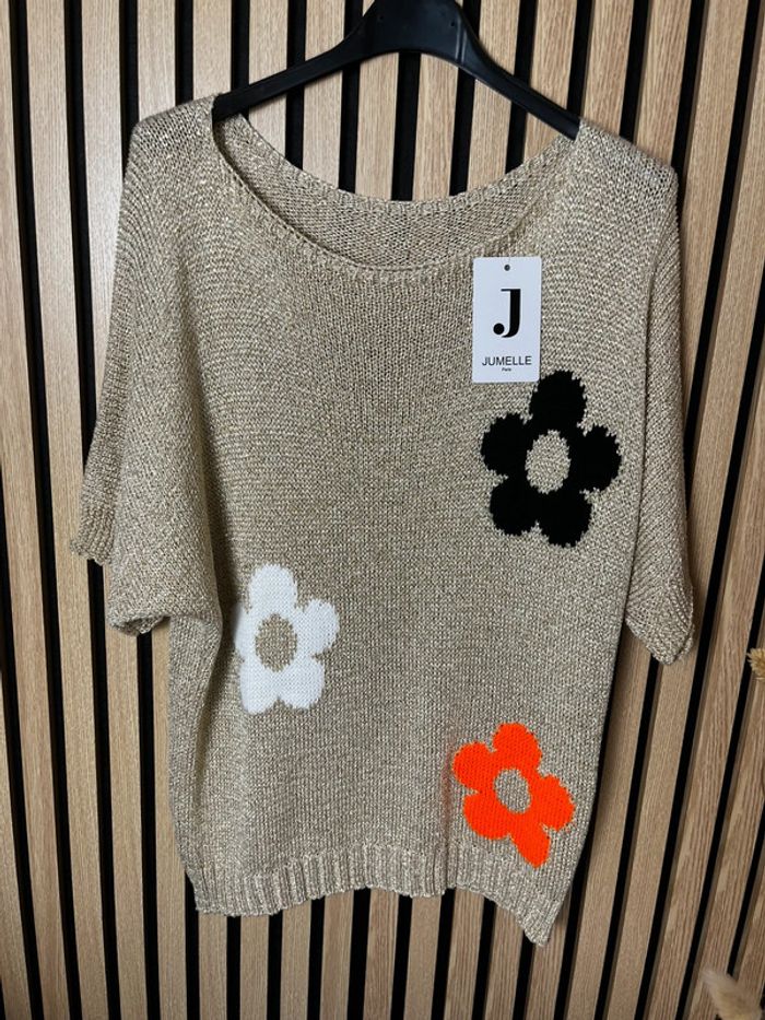 Pull doré lurex à fleurs - photo numéro 3