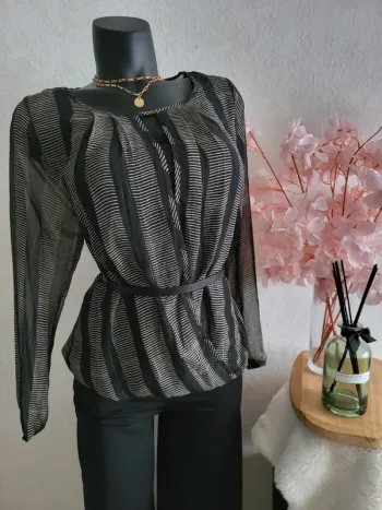 Blouse voile élégante manches longues débardeur - noir beige doré - taille 46