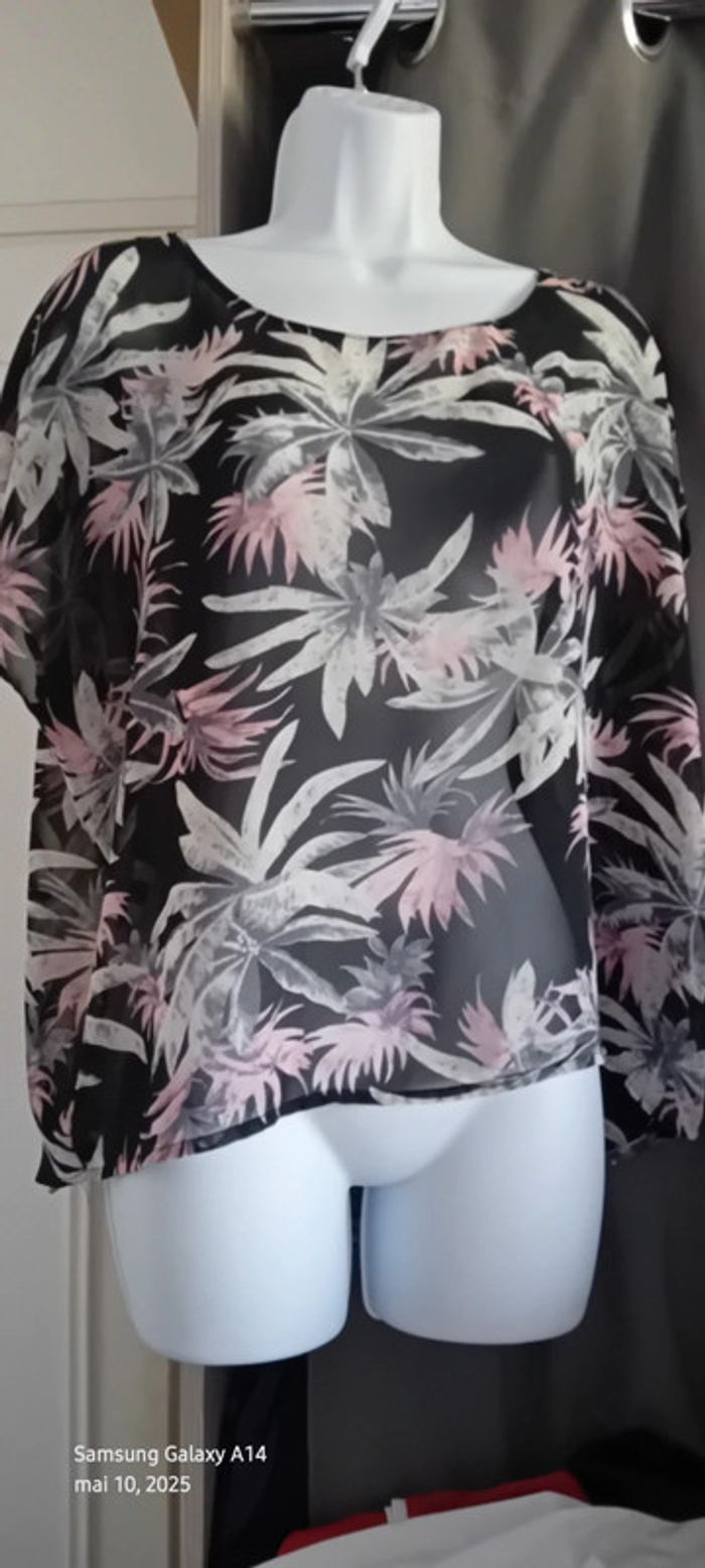 Blouse oversize en voile motif fleurs tropicales noir femme M amisu - photo numéro 9