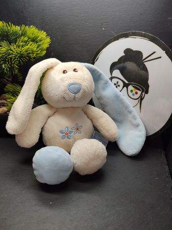 doudou peluche lapin gipsy grelot bleu blanc crème fleurs orange Marron 