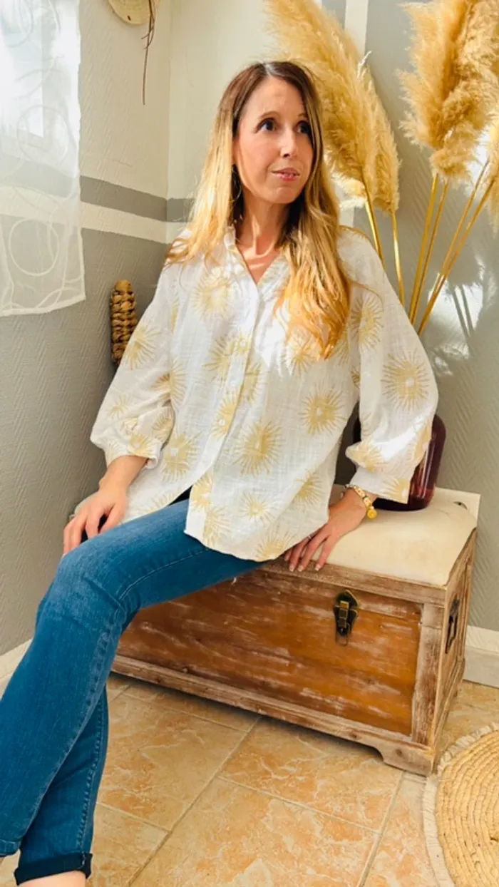 Blouse bohème blanche et motifs dorés Taille unique - photo numéro 2