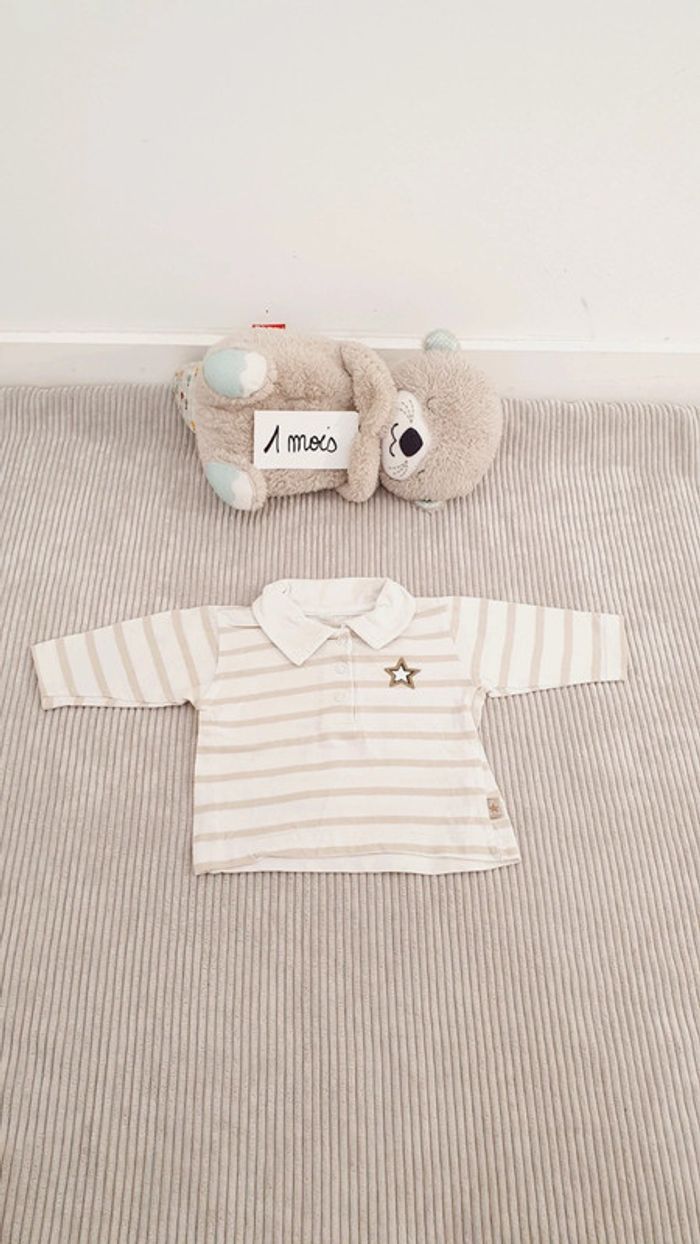 Polo tee shirt manches longues étoiles et rayures marinière blanc et beige bébé garçon Taille 1 mois