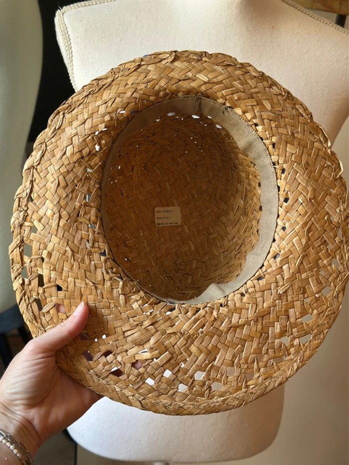 Chapeau en paille ruban imprimé bleu modèle vintage fabriqué en Italie T.U - photo numéro 18