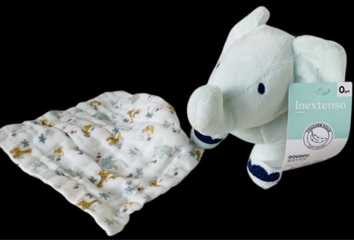 ❤️B4467 Doudou Éléphant Mouchoir Mousseline Plat Blanc Bleu InExtenso AUCHAN