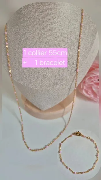Parure de 2 bijoux : en acier inoxydable collier long et bracelet perles rose clair