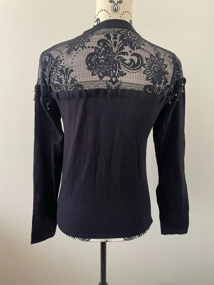 Pull manche longue bleu marine chaîne strass manche dentelle col neuf CC Fashion taille S/M - photo numéro 4