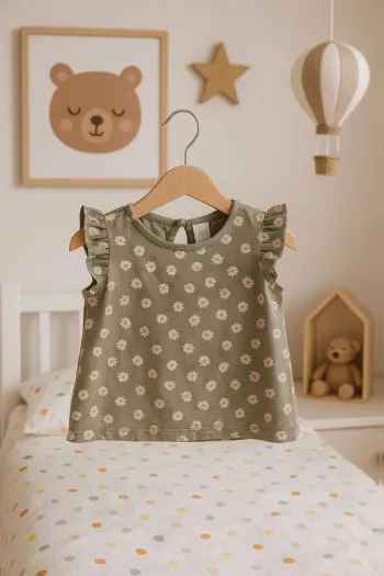 Tee-shirt H&M bébé fille vert kaki à fleurs – 9/12 mois