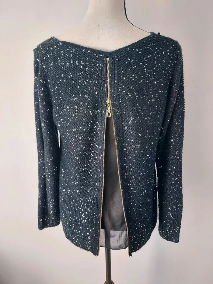 Pull fin noir avec sequins dos voile - photo numéro 2