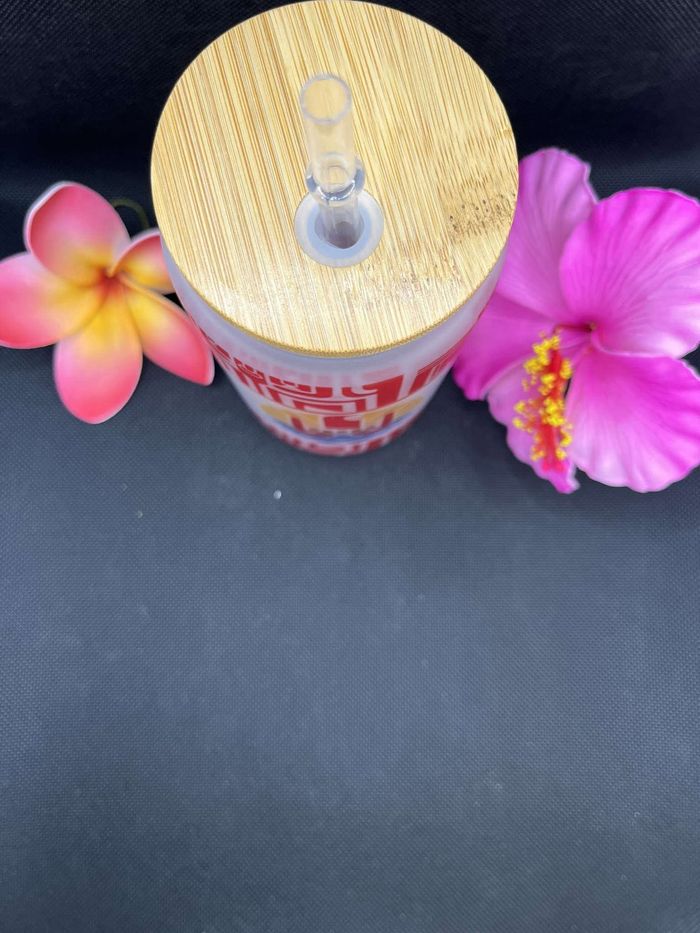 Gobelet en verre givré avec couvercle en bambou et paille Tahiti / Tatouage Polynésien / Patutiki - photo numéro 3