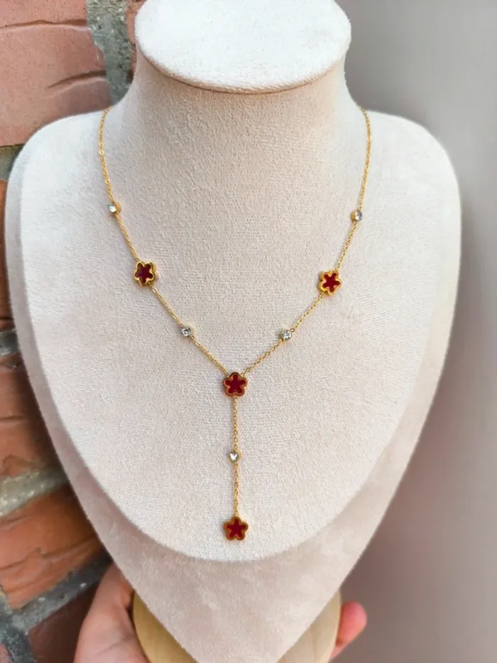 Pendentif doré en Y avec trèfles rouges nacrés - photo numéro 3