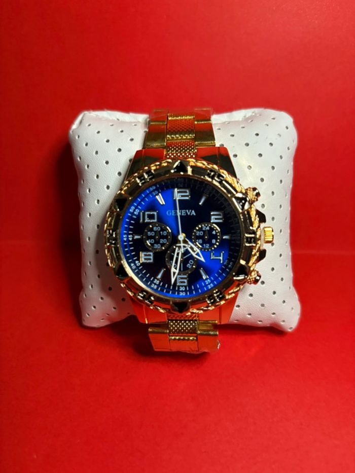 montre Geneva doré avec cadran bleu stylisé à quartz pour hommes - photo numéro 2